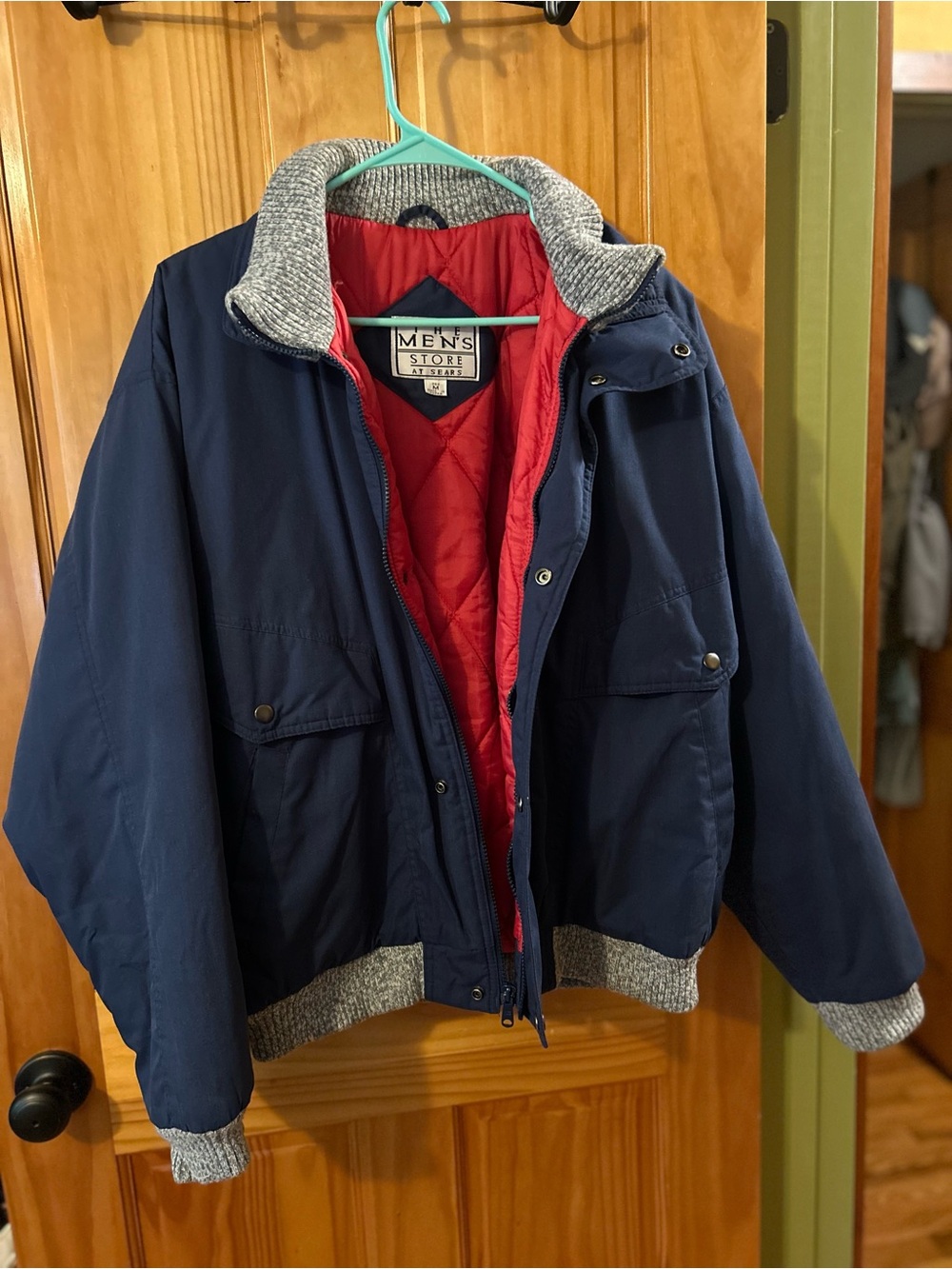 The Men's Store at Sears Navy Bomber Jacket with Red Quilted Lining 1980’s